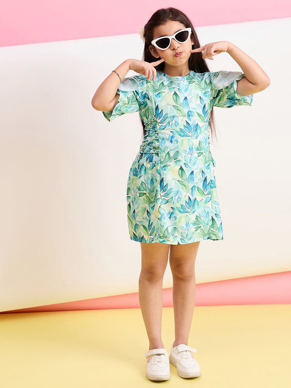 Girls Above knee Printed Dress - Green