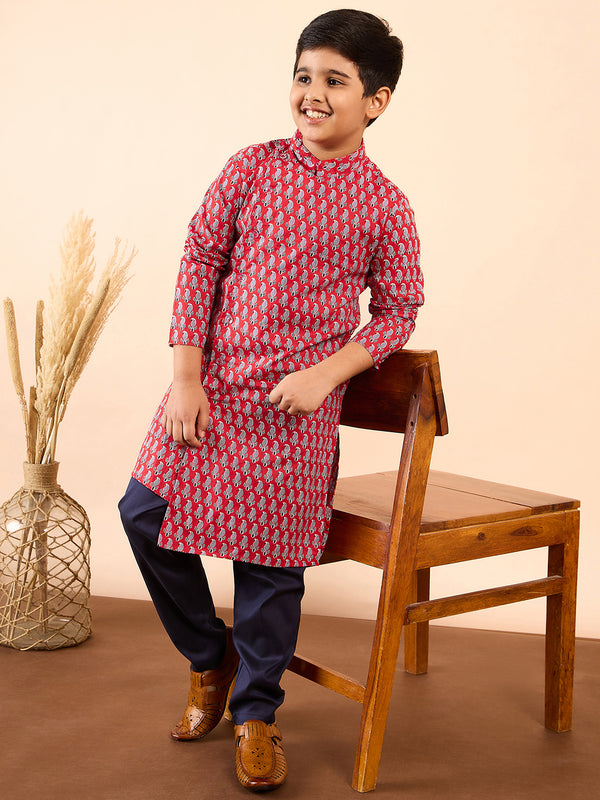 Boys Knee Length Printed Kurta Set - Red