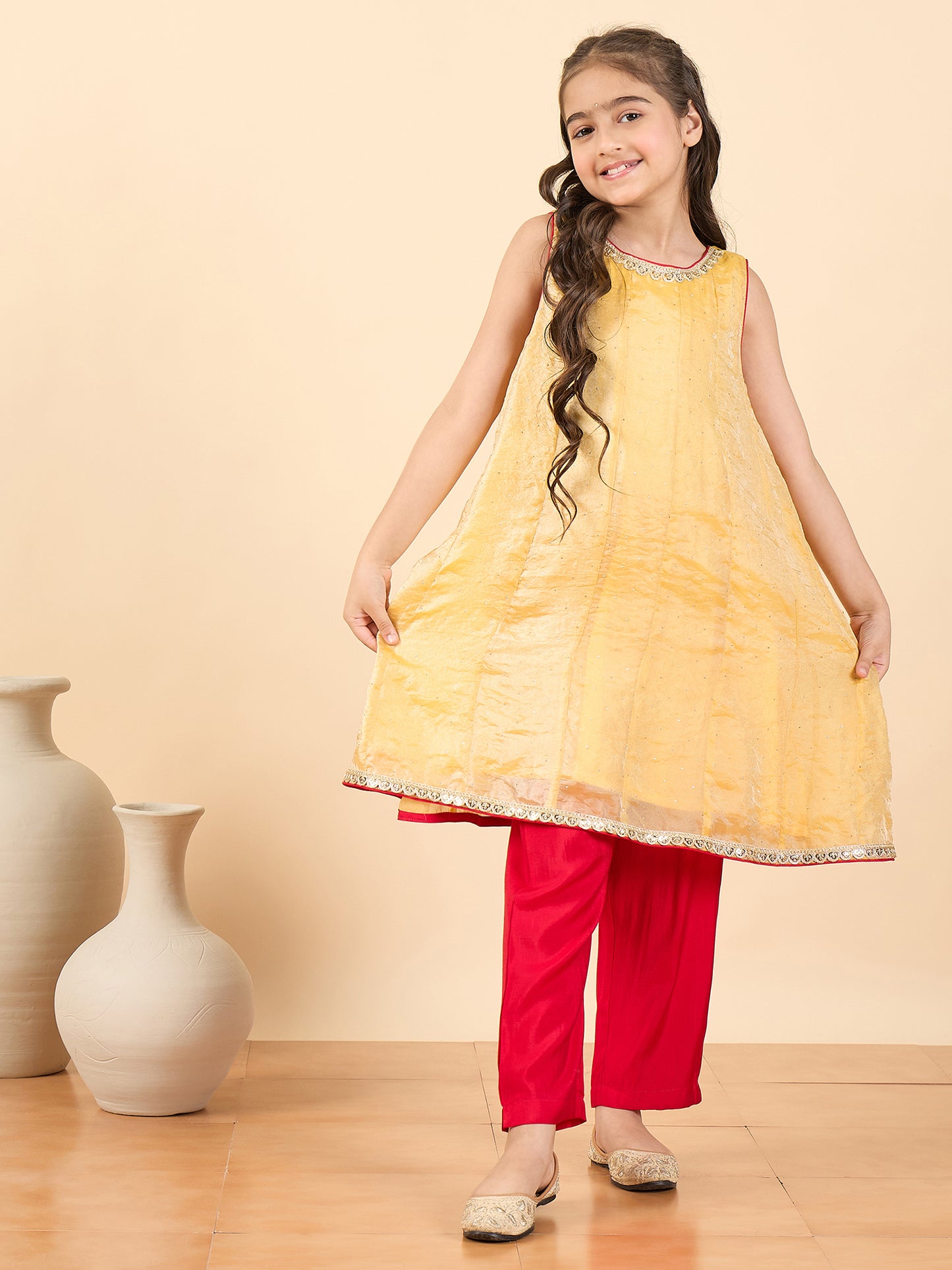 Girls Full Length Solid Kurti Set - Yellow
