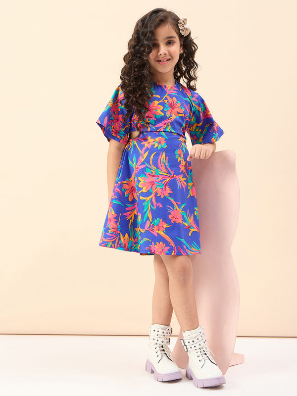 Girls Below Knee Printed Dress - Purple