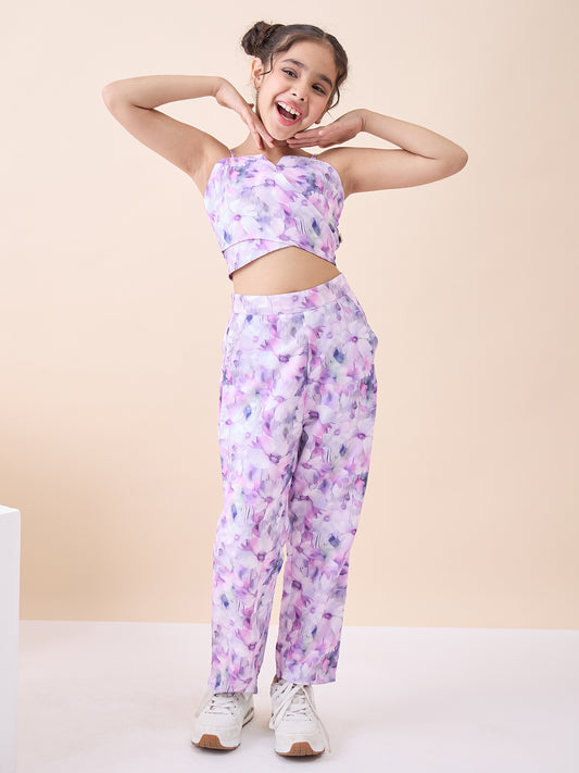Girls Ankle Length All over Print Top With Pants - Lavender