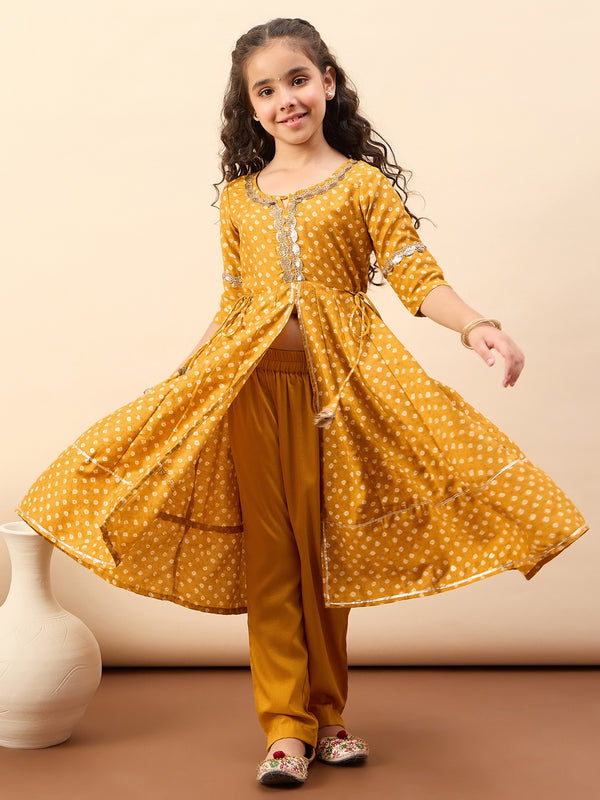 Girls Ankle Length All over Print Kurti Set - Yellow