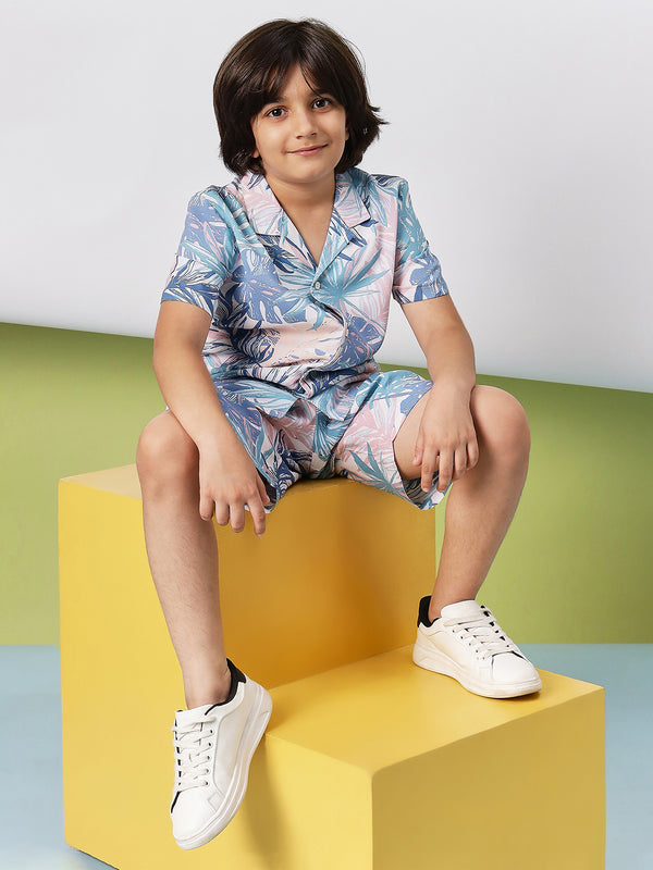 Boys Mid Thigh Printed Top with Shorts - Blue