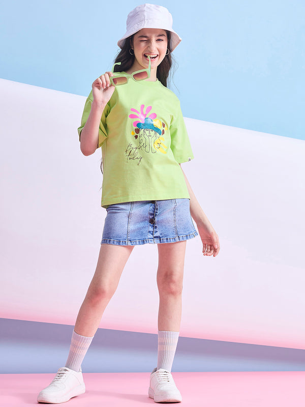 Girls Hip length Printed T-shirt - Green