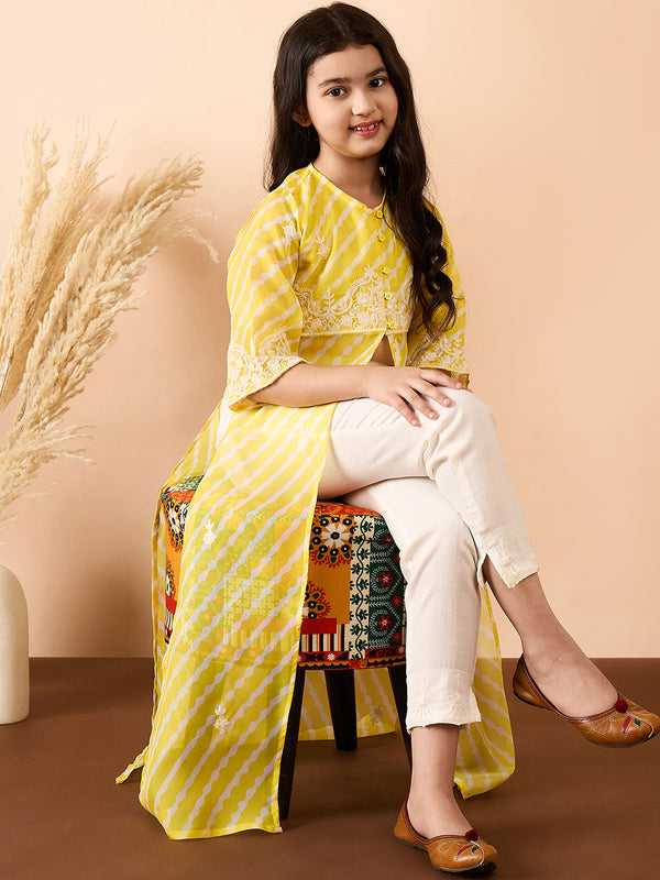 Girls Calf Length Printed Kurti Set - Yellow