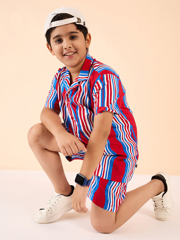 Boys Above Knee Printed Shirt with Shorts - Red