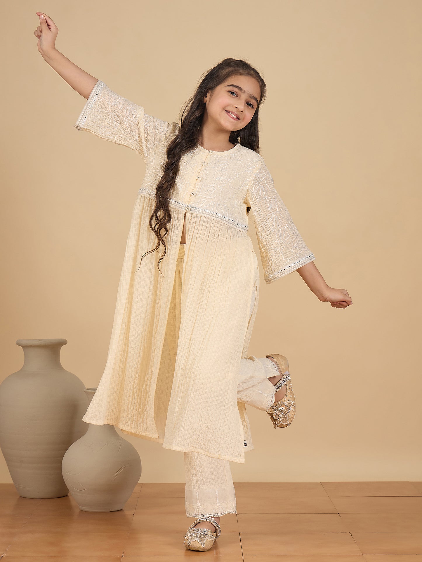 Girls Below Knee Embroidery Kurti Set - Cream