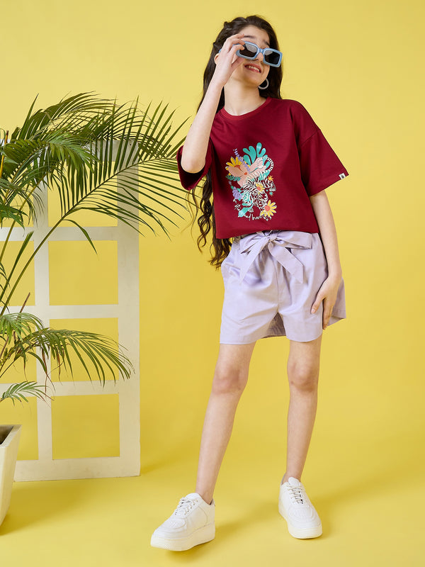 Girls Hip length Printed T-shirt - Maroon