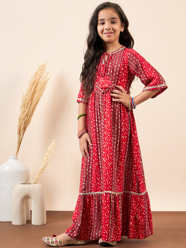 Girls Full Length Printed Dress - Red