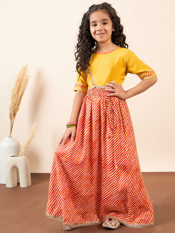 Girls Yellow Printed Cotton Fit and Flare Lahnga Choli