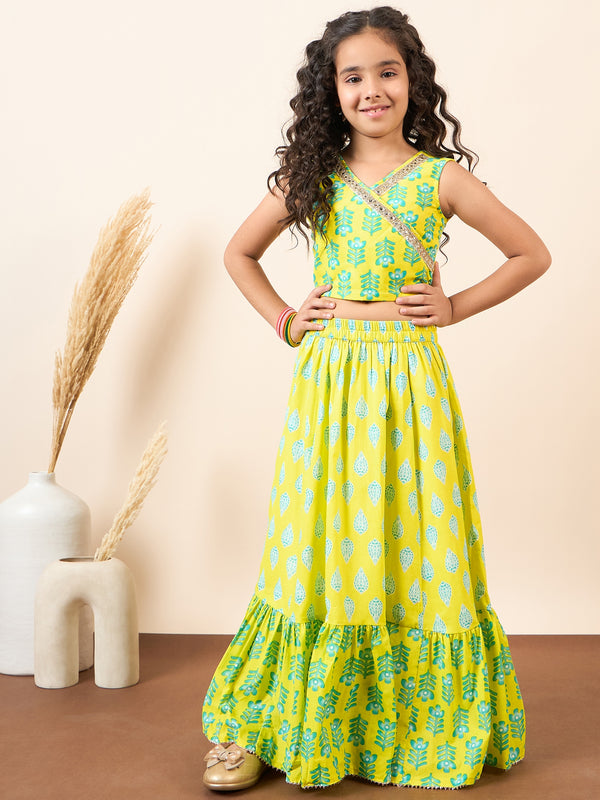 Girls Green Printed Polyester Fit and Flare Lahnga Choli