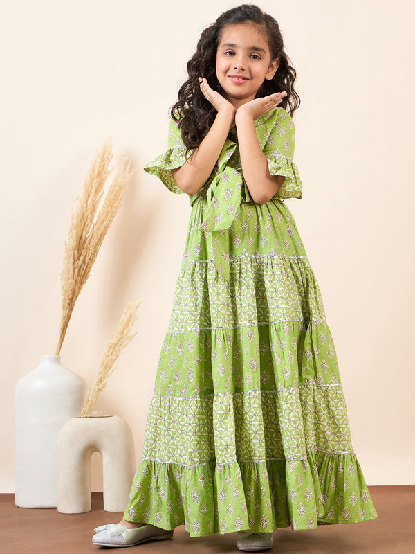 Girls Green Printed Cotton Fit and Flare Dress