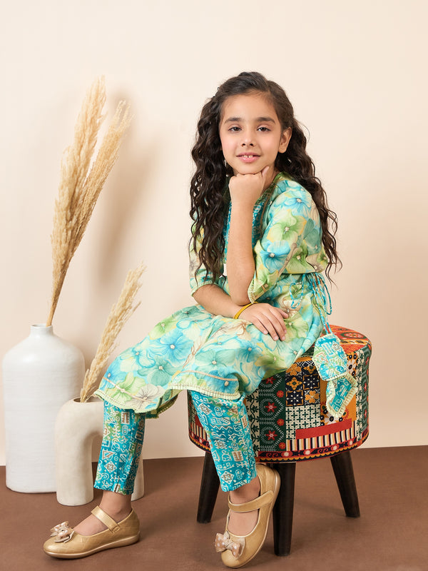 Girls Green Printed Polyester Kurti Set