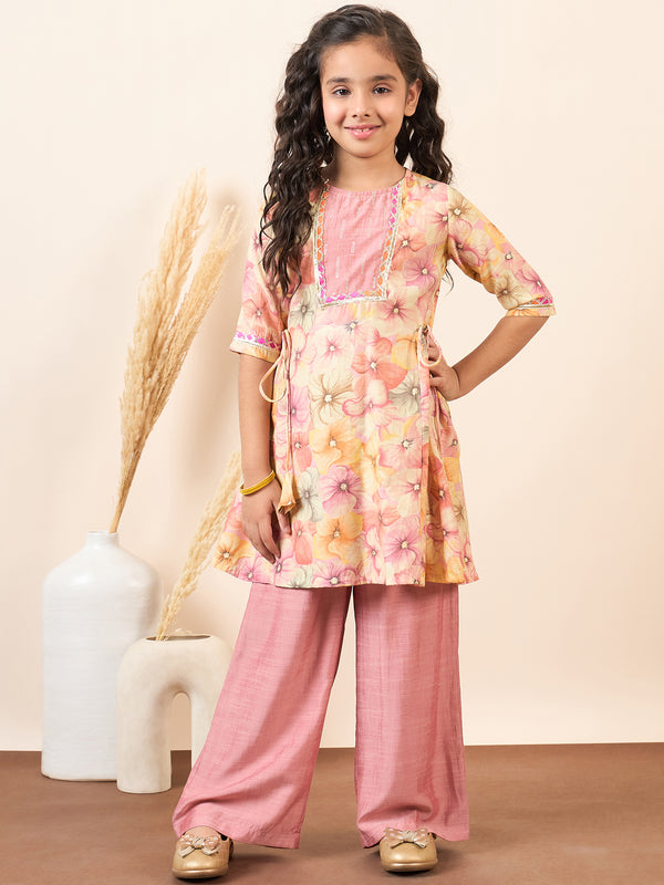 StyloBug Girls Ankle Length Printed Kurti Set - Pink