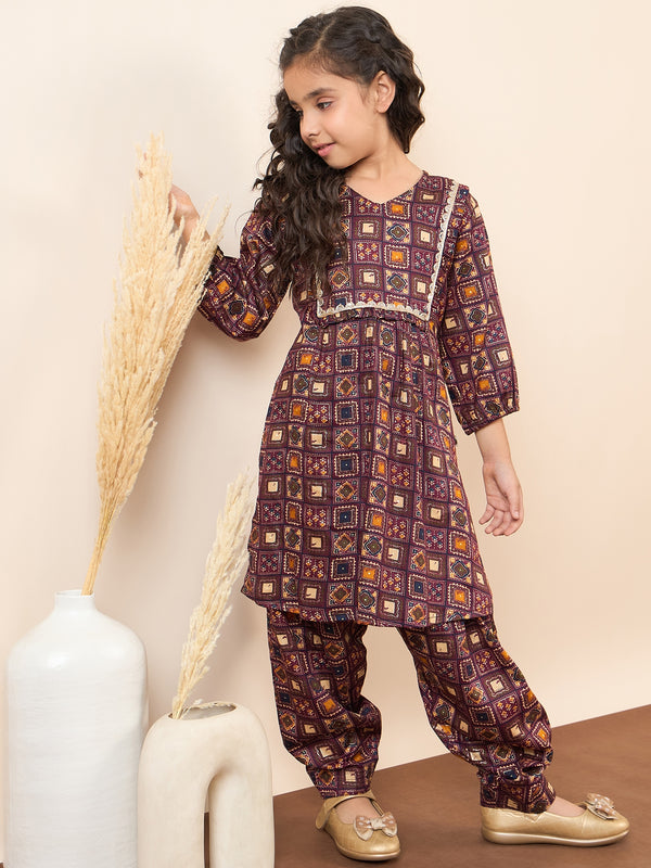 Girls Full Length All over Print Kurti Set - Maroon