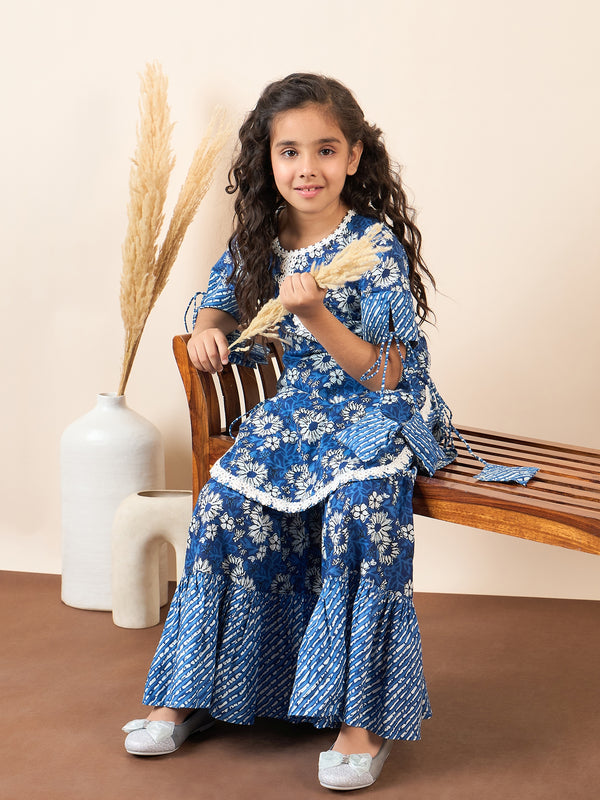 Girls Navy Blue Printed Cotton Kurti Set