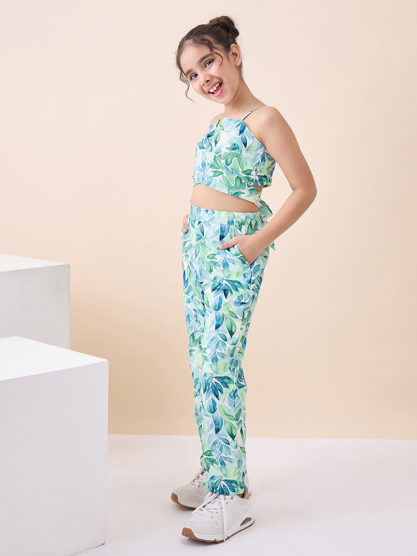 Girls Ankle Length All over Print Top With Pants - Green