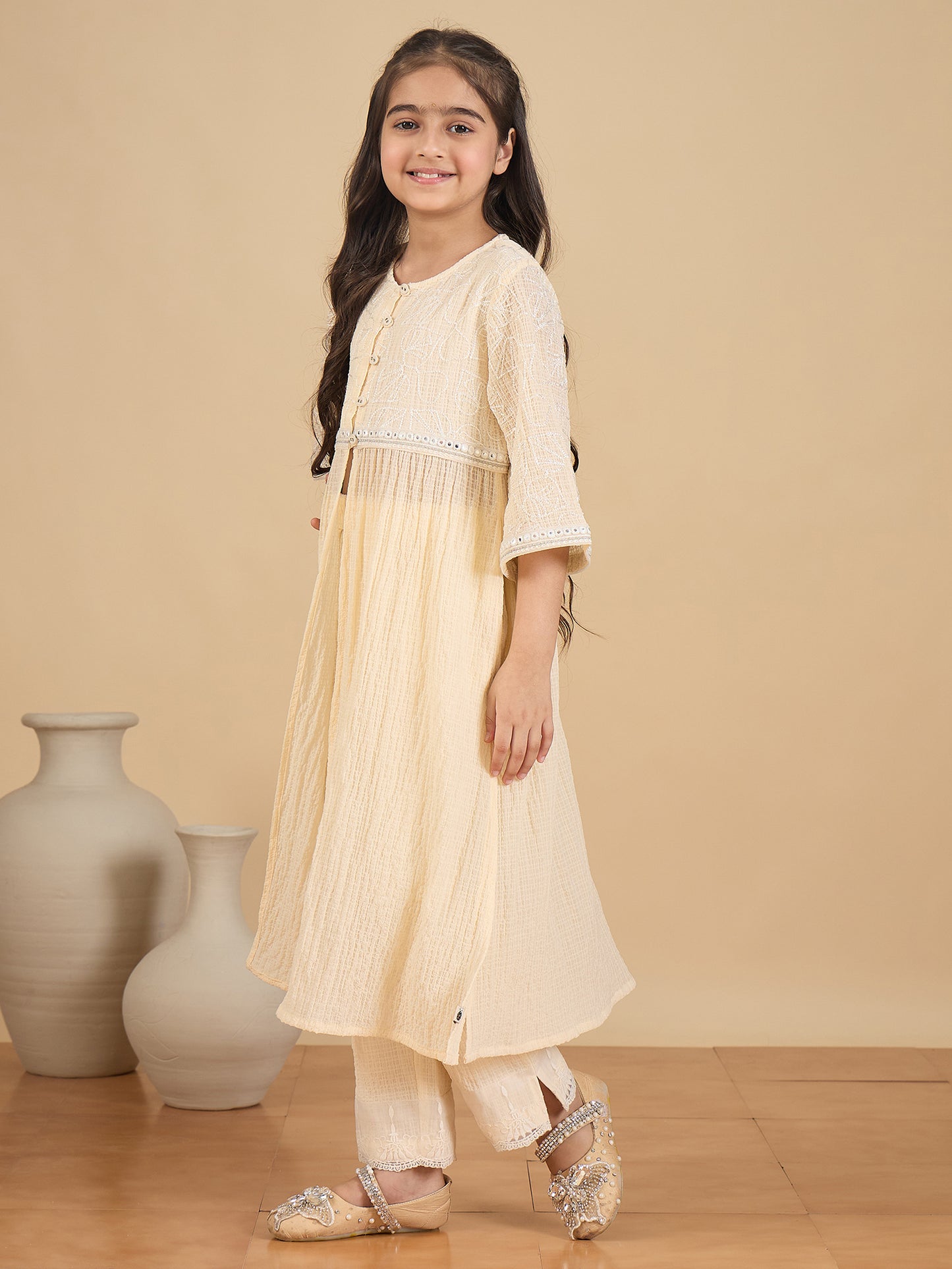 Girls Below Knee Embroidery Kurti Set - Cream