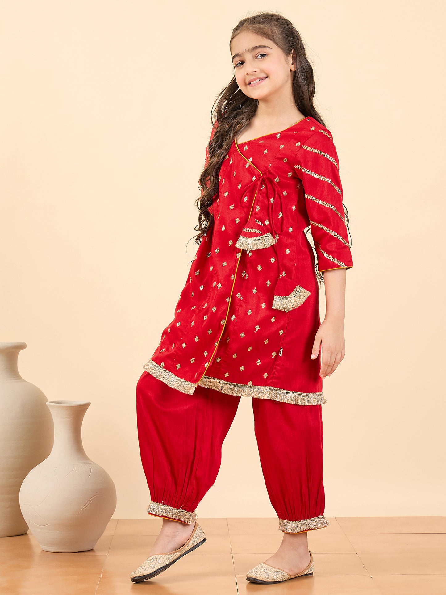 Girls Above Knee Embroidery Kurti Set - Red