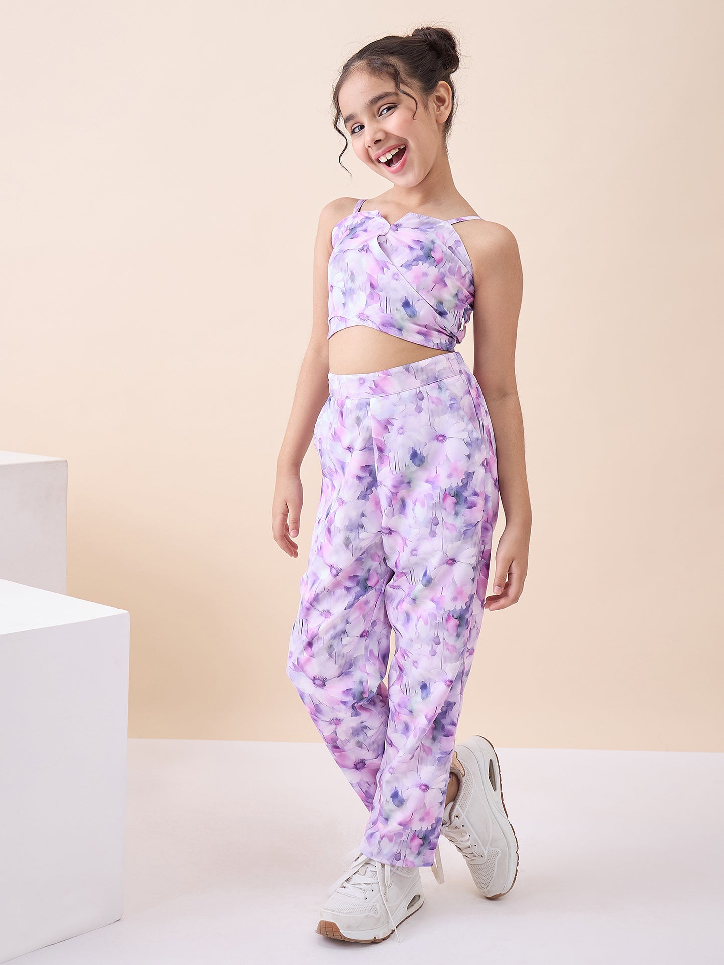 Girls Ankle Length All over Print Top With Pants - Lavender