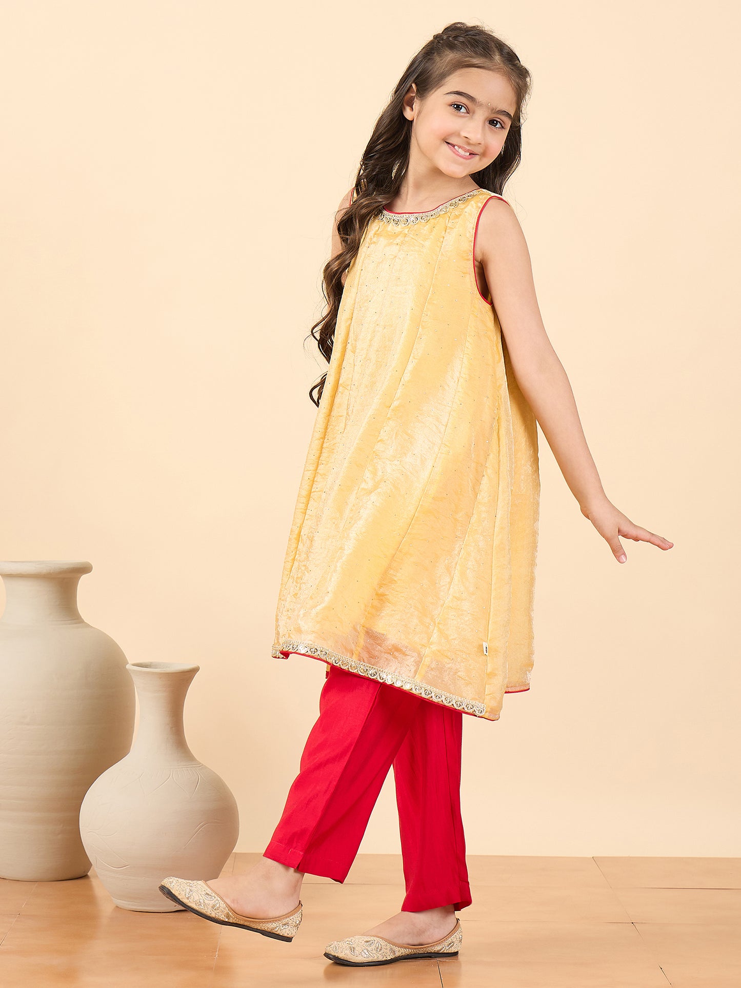 Girls Full Length Solid Kurti Set - Yellow