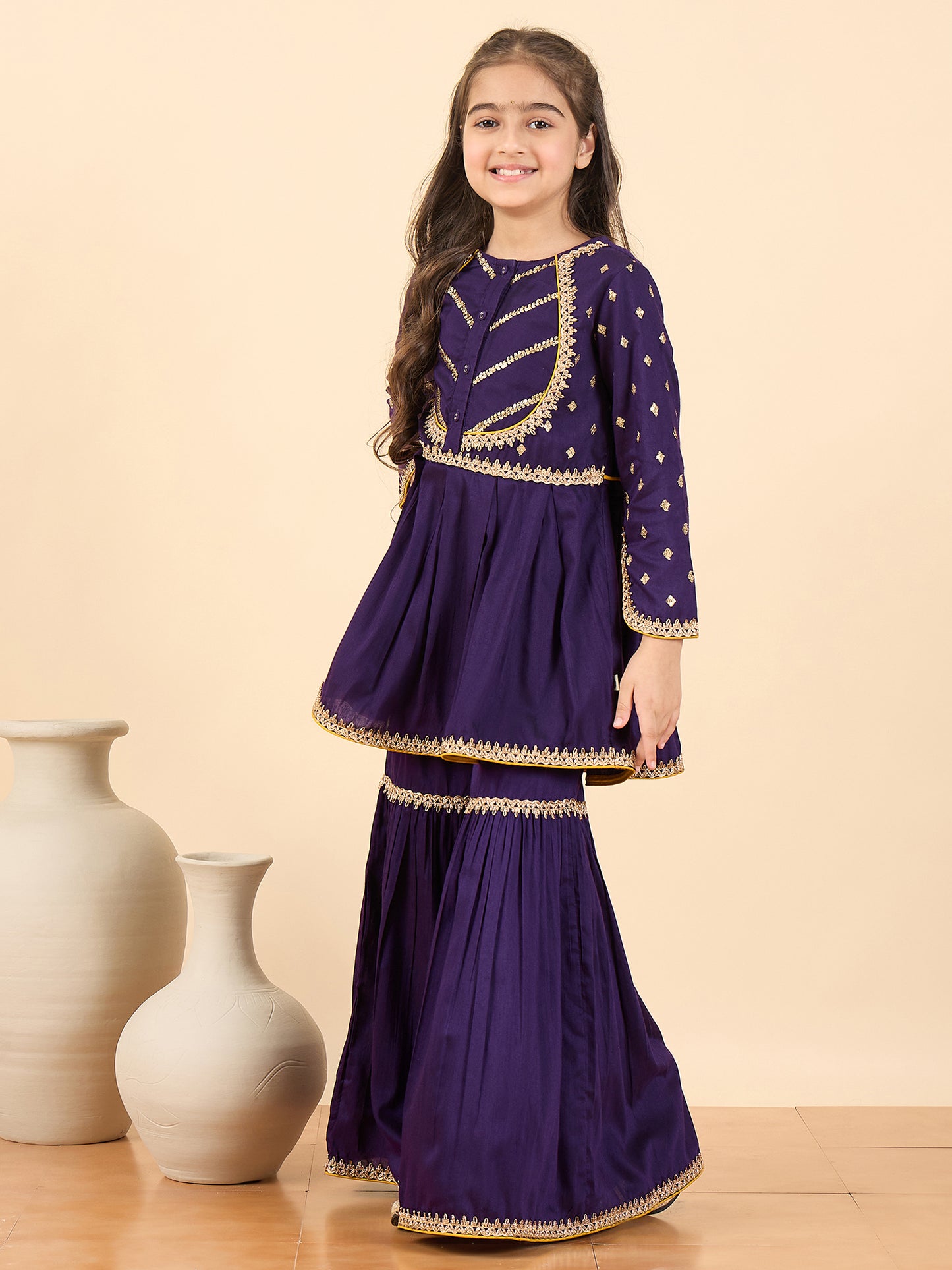 Girls Above Knee Embroidery Kurti Set - Purple