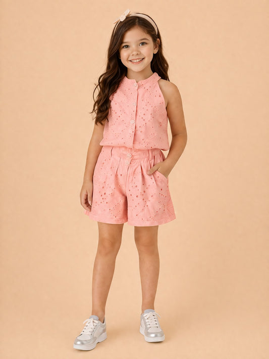Girls Above Knee Embroidery Top with Shorts - Peach