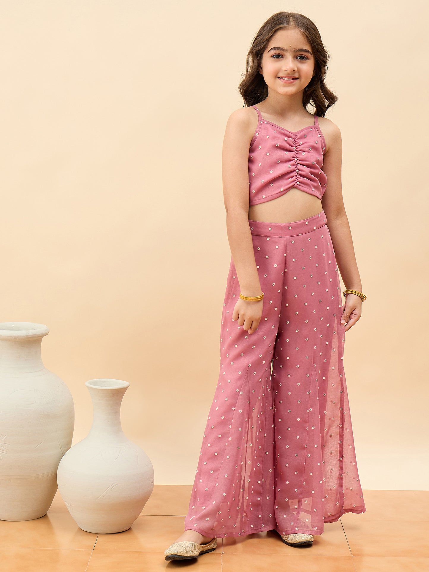 Girls Waist Length All over Print Kurti Set - Peach