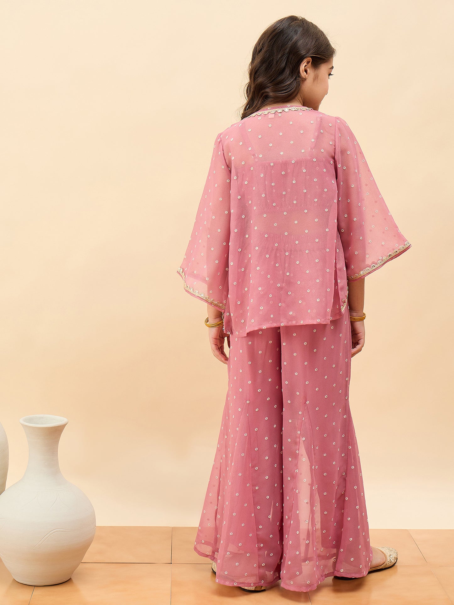 Girls Waist Length All over Print Kurti Set - Peach