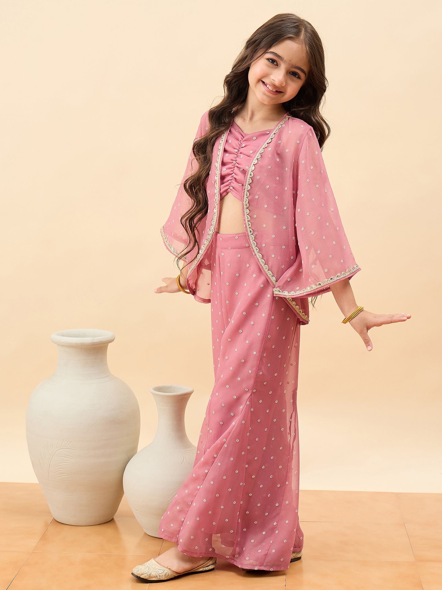 Girls Waist Length All over Print Kurti Set - Peach