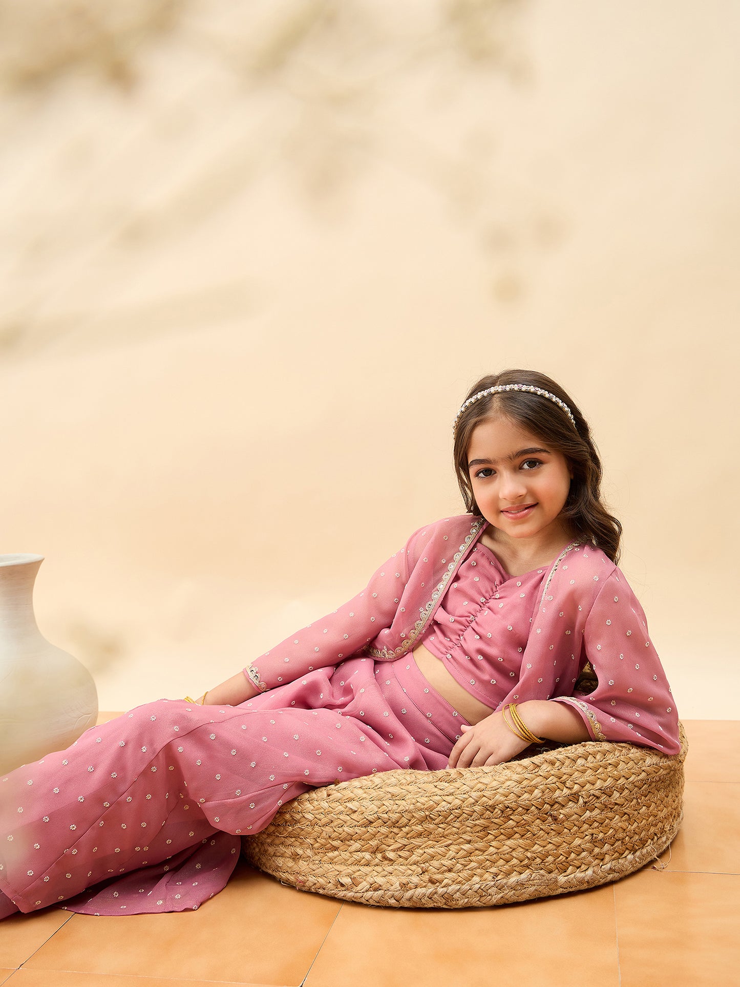 Girls Waist Length All over Print Kurti Set - Peach