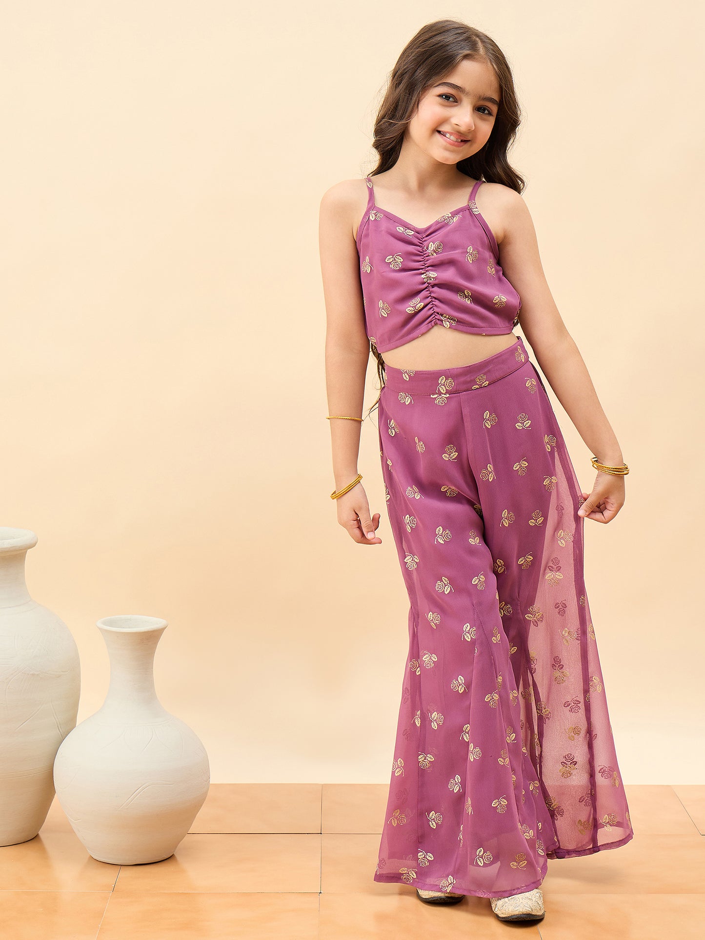 Girls Waist Length All over Print Kurti Set - Pink
