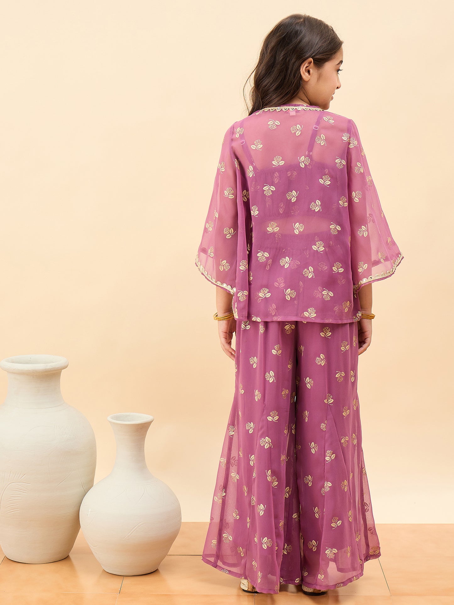 Girls Waist Length All over Print Kurti Set - Pink