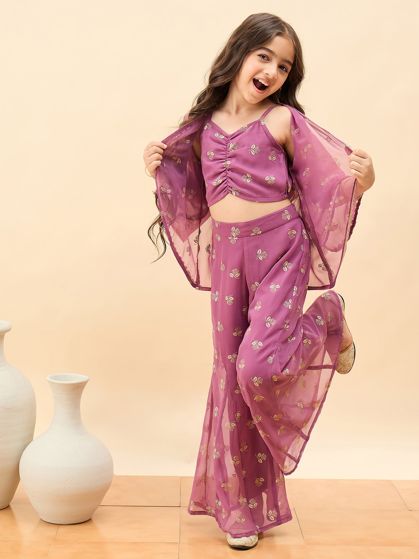 Girls Waist Length All over Print Kurti Set - Pink