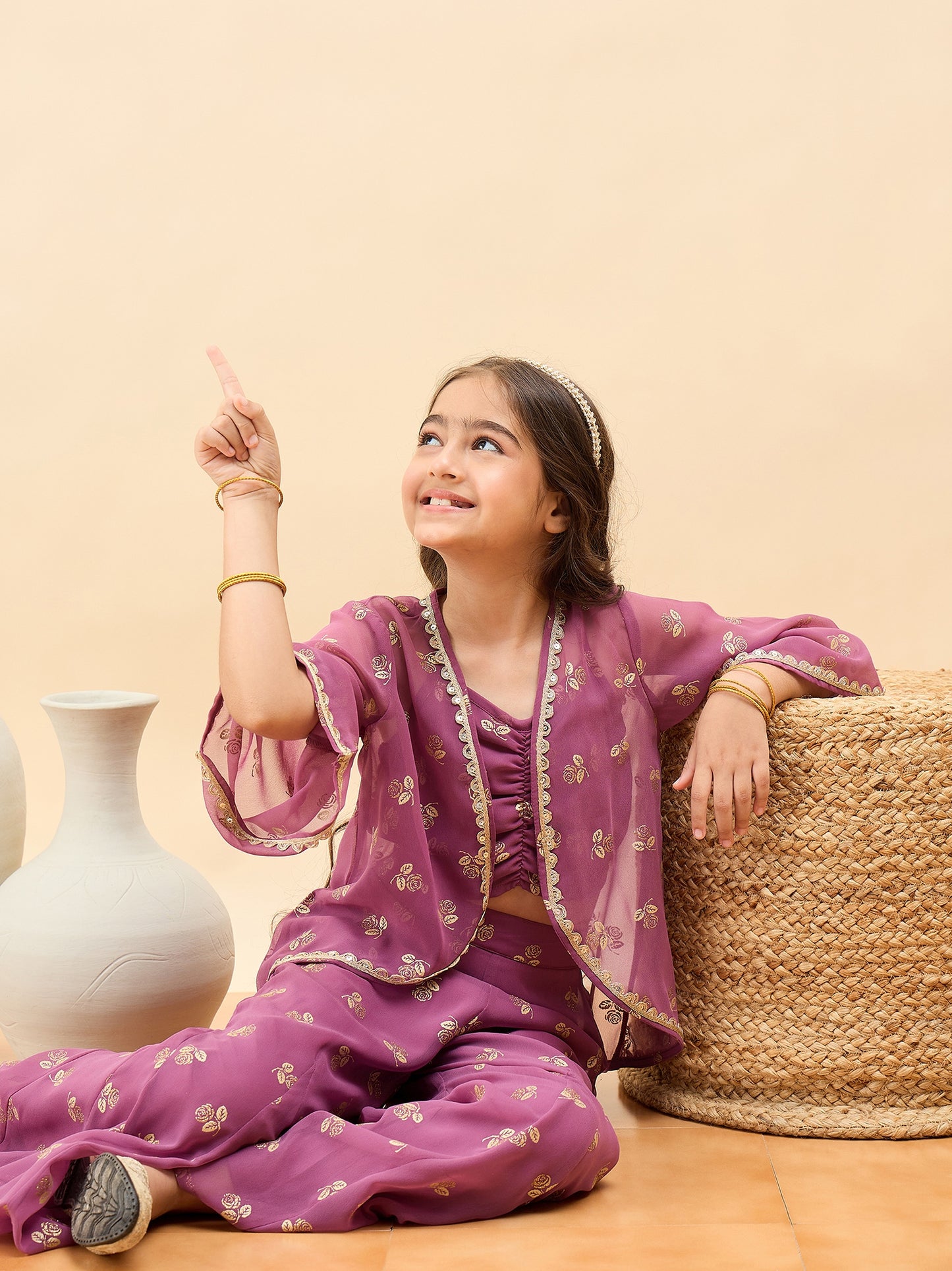 Girls Waist Length All over Print Kurti Set - Pink