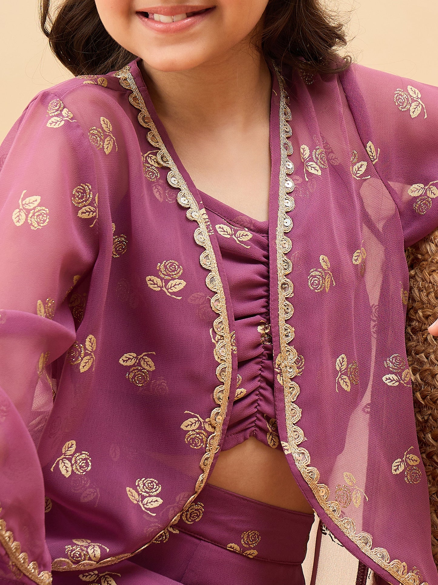 Girls Waist Length All over Print Kurti Set - Pink