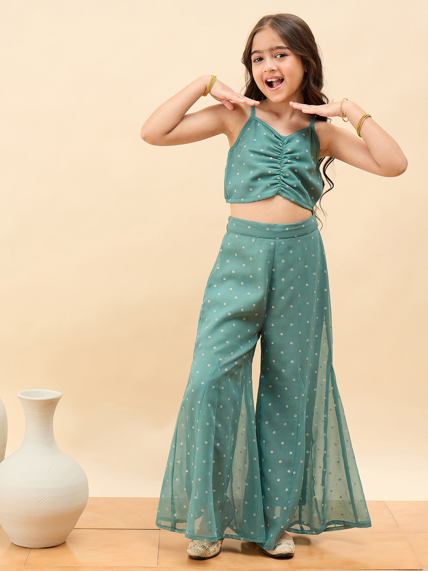 Girls Waist Length All over Print Kurti Set - Green