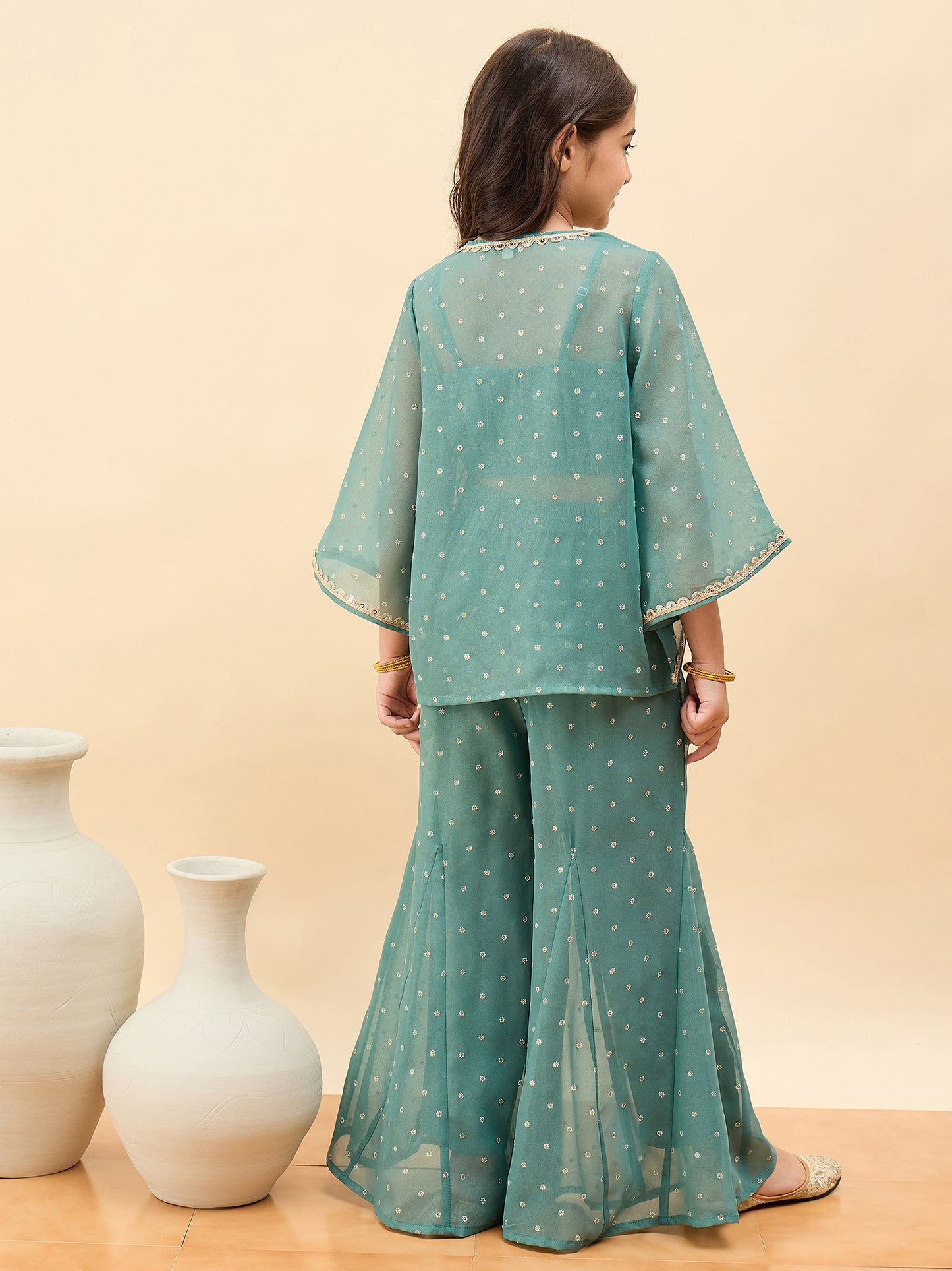 Girls Waist Length All over Print Kurti Set - Green