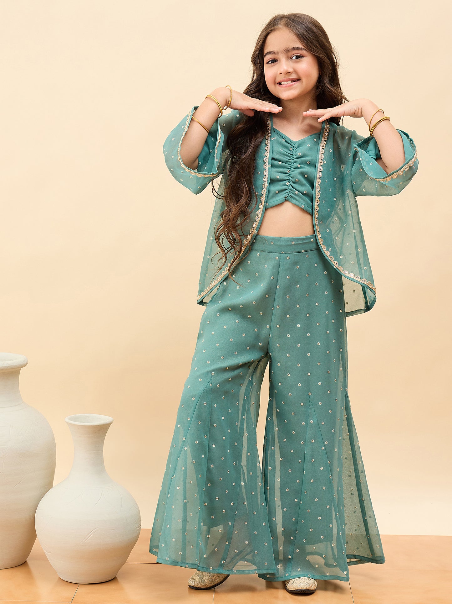 Girls Waist Length All over Print Kurti Set - Green