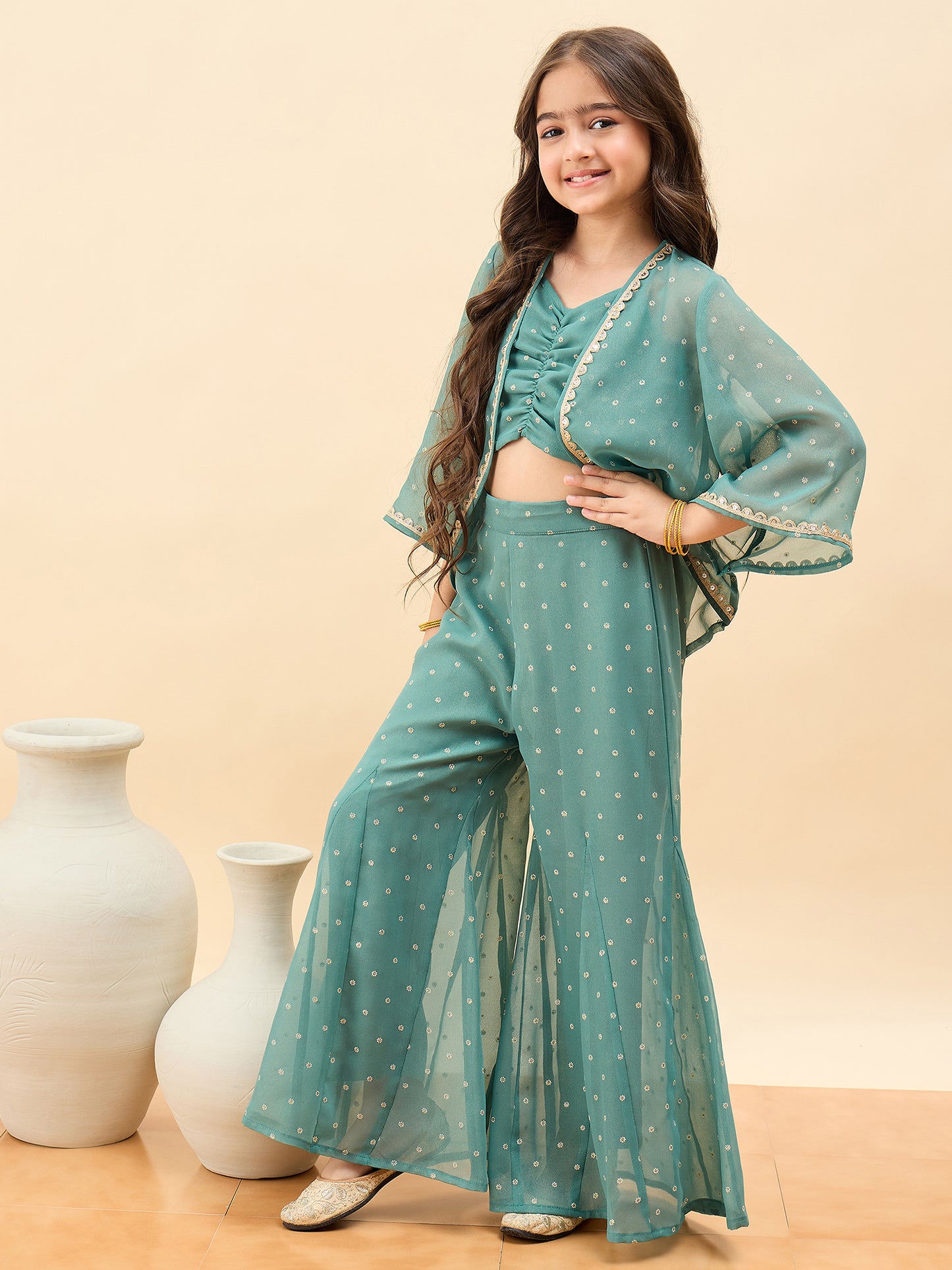 Girls Waist Length All over Print Kurti Set - Green