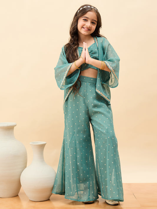 Girls Waist Length All over Print Kurti Set - Green