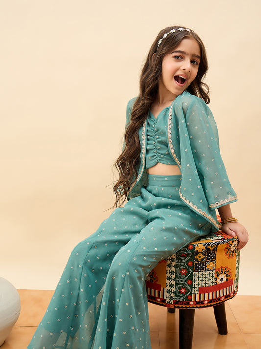 Girls Waist Length All over Print Kurti Set - Green