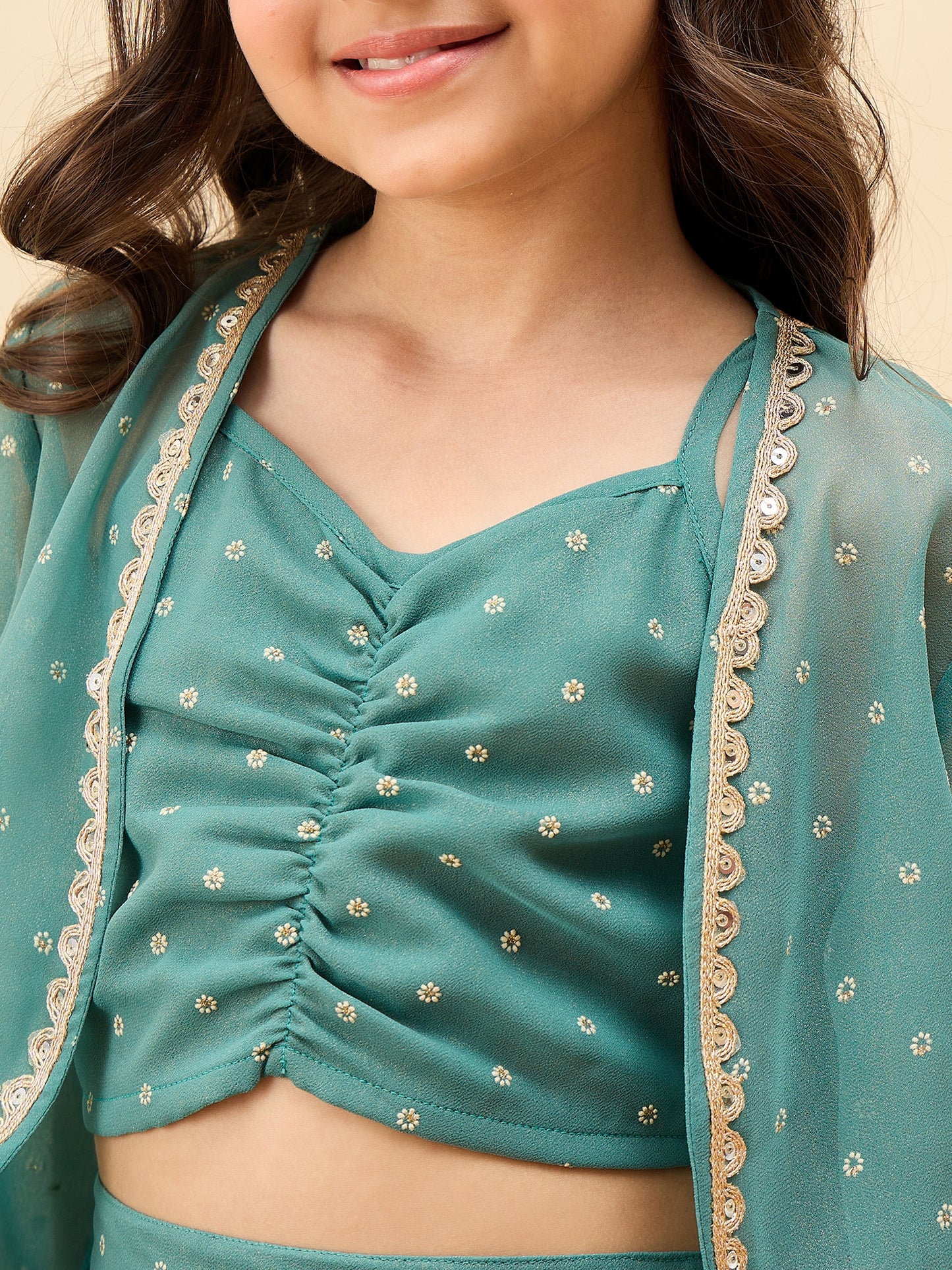 Girls Waist Length All over Print Kurti Set - Green
