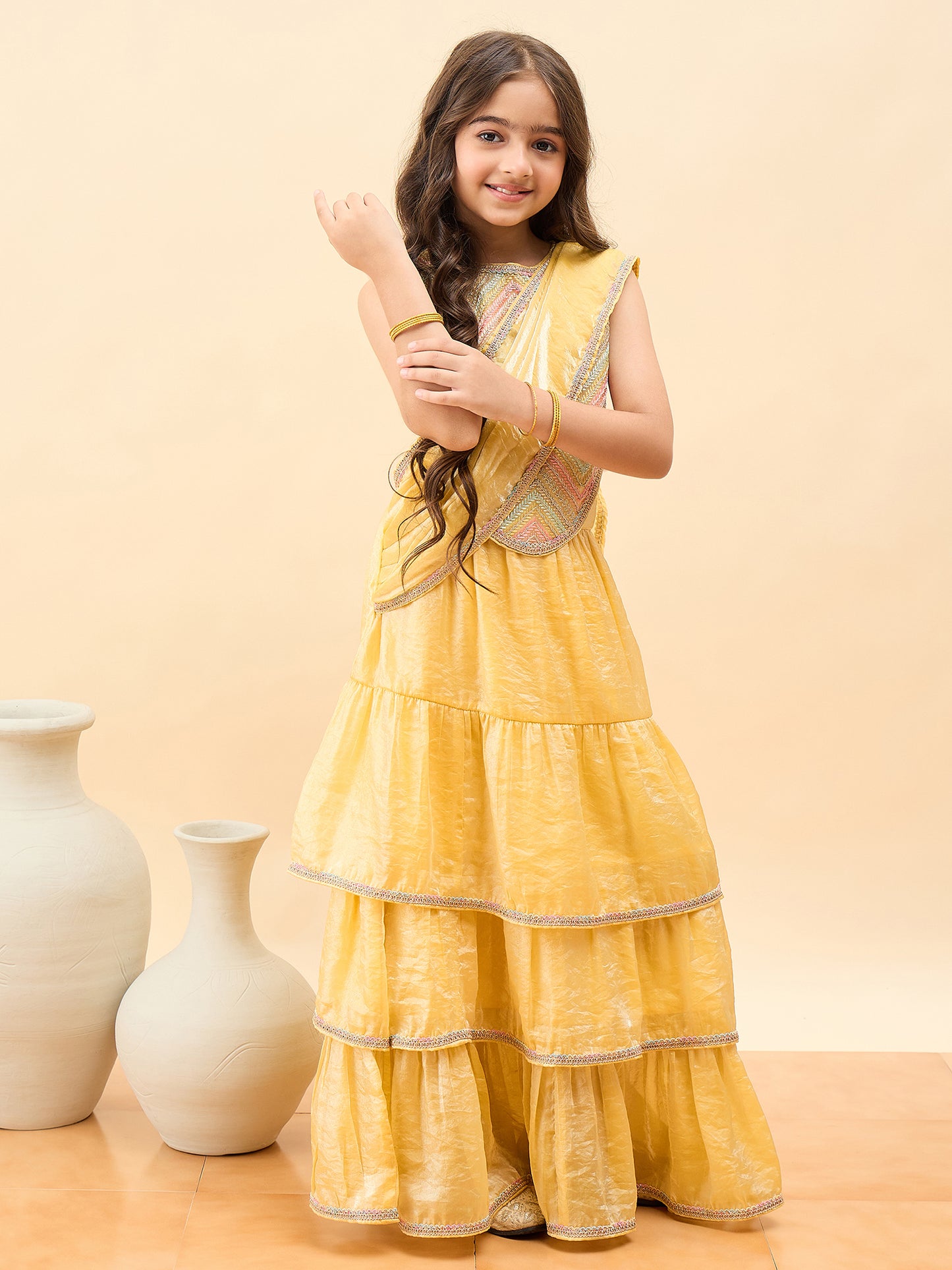 Girls Waist Length Embroidery Saree - Multi