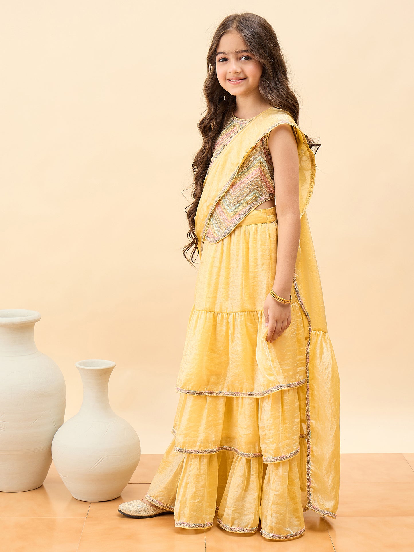 Girls Waist Length Embroidery Saree - Multi