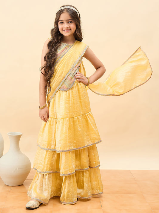 Girls Waist Length Embroidery Saree - Multi