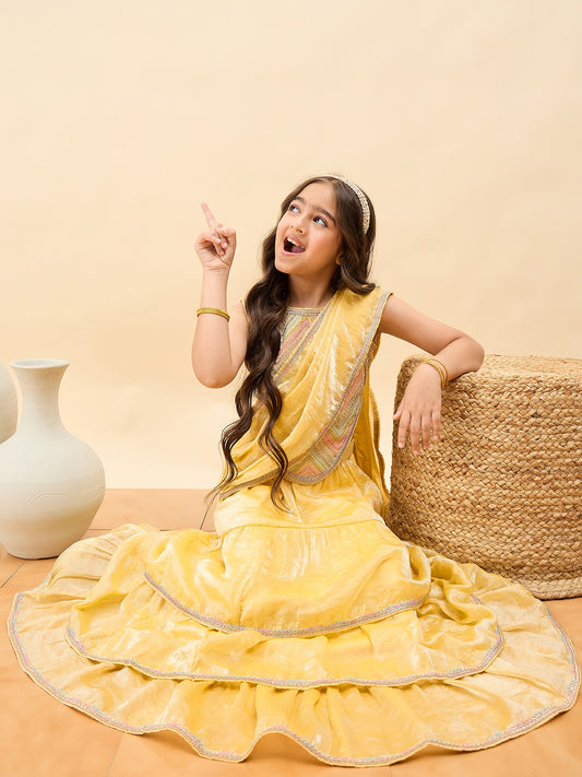 Girls Waist Length Embroidery Saree - Multi