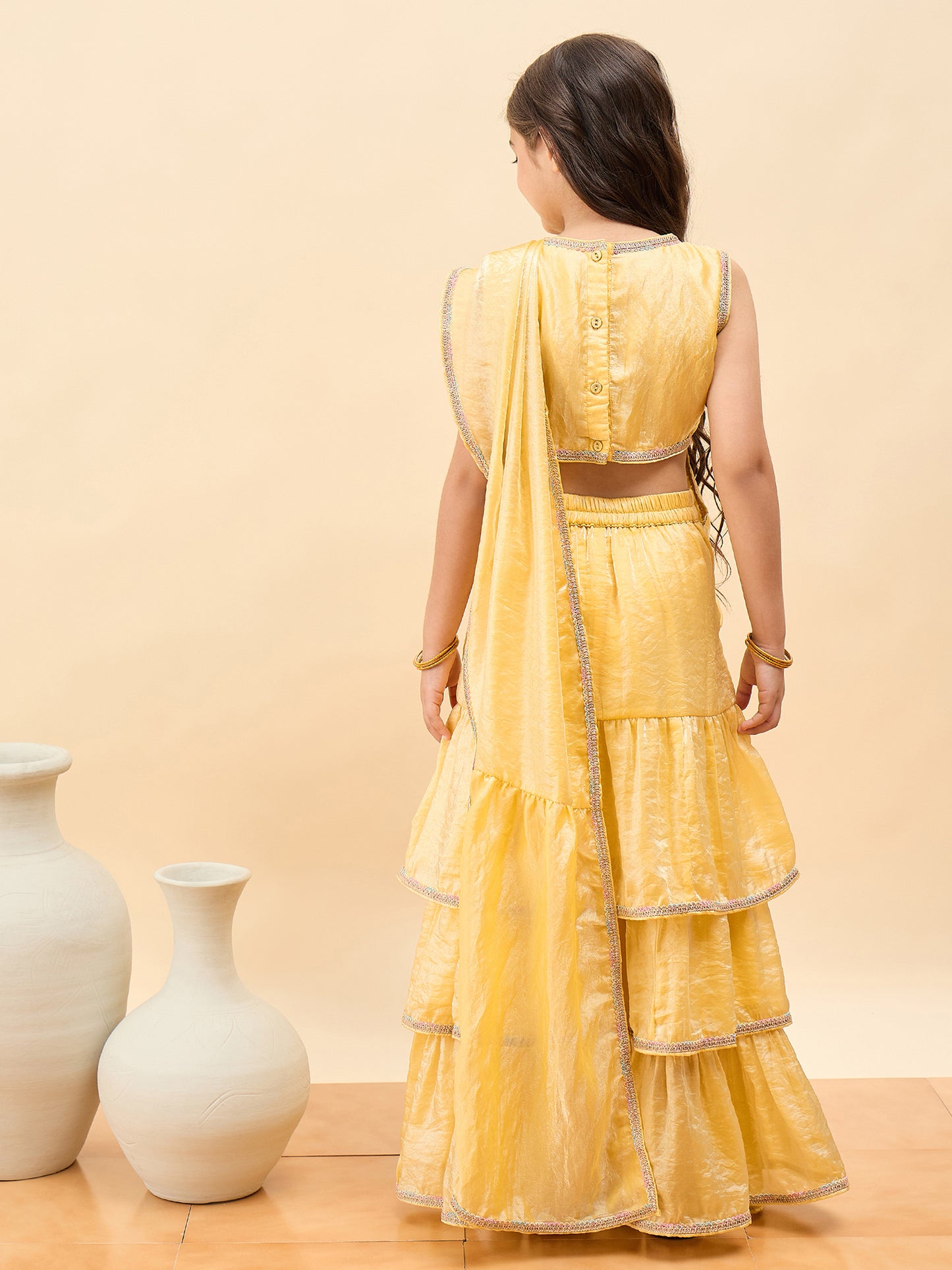 Girls Waist Length Embroidery Saree - Multi