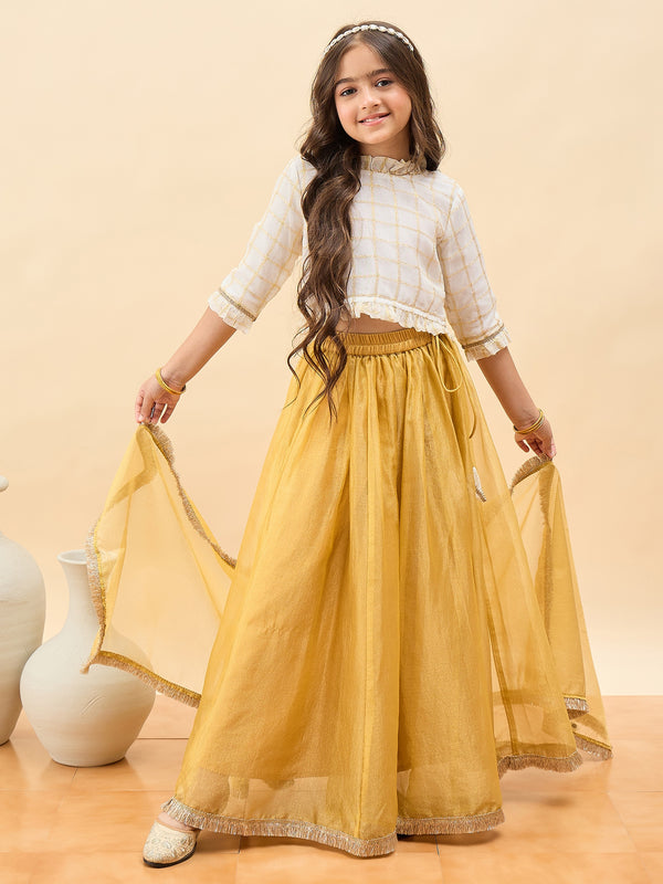 Girls Waist Length Embroidery Lahnga Choli - Off-White