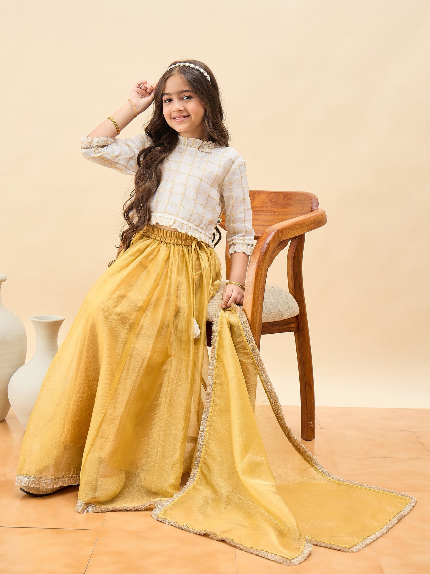 Girls Waist Length Embroidery Lehenga Choli - Off-White